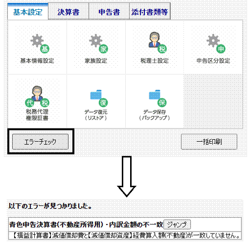 Q．エラーチェックを行うと「【損益計算書】減価償却費と【減価償却