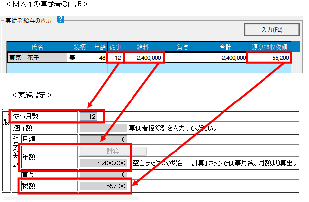 Q．MA1から連携すると「家族設定」の専従者情報が書き換わって